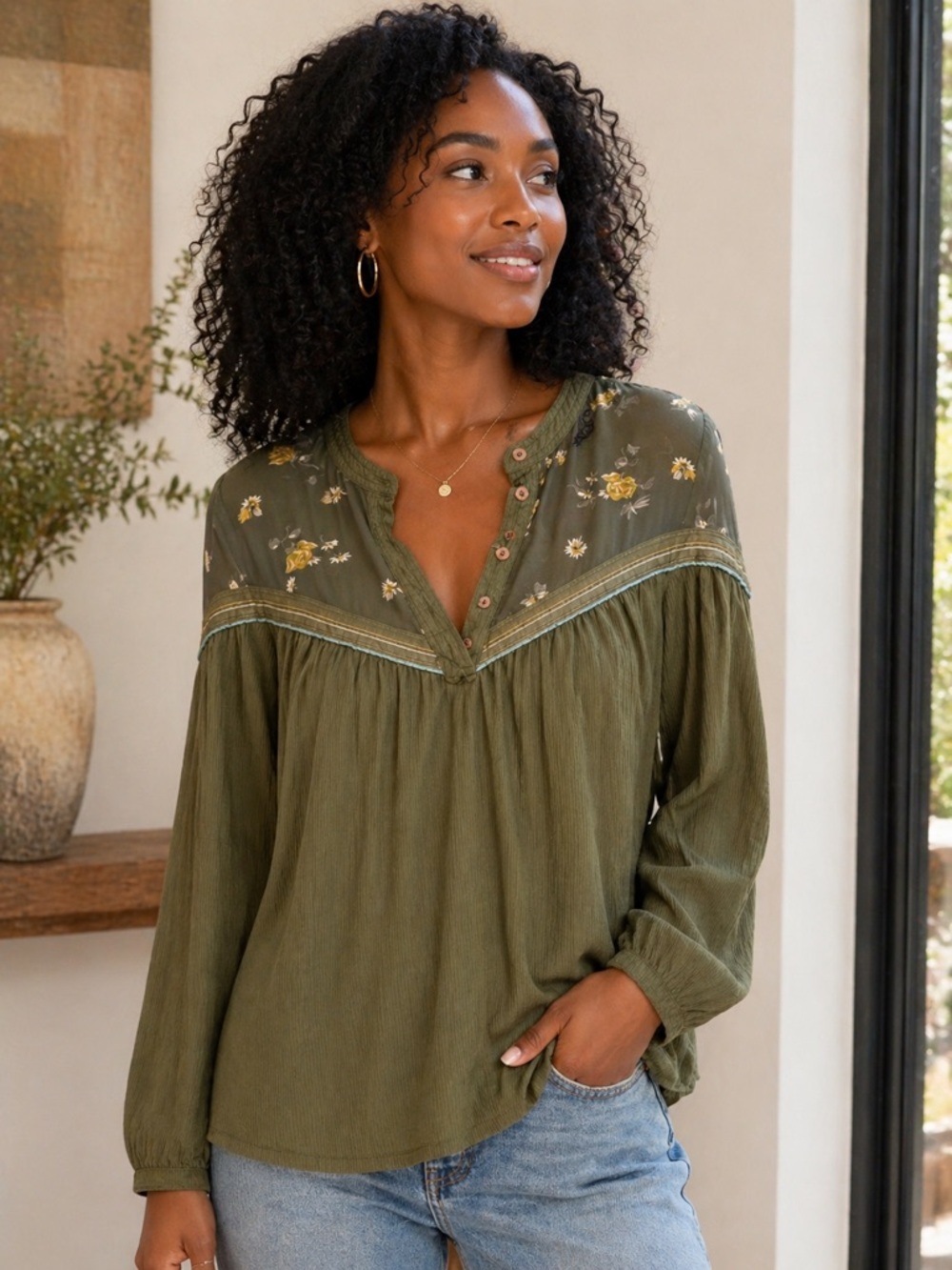 Free People Olive Green Embroidered Peasant Tunic